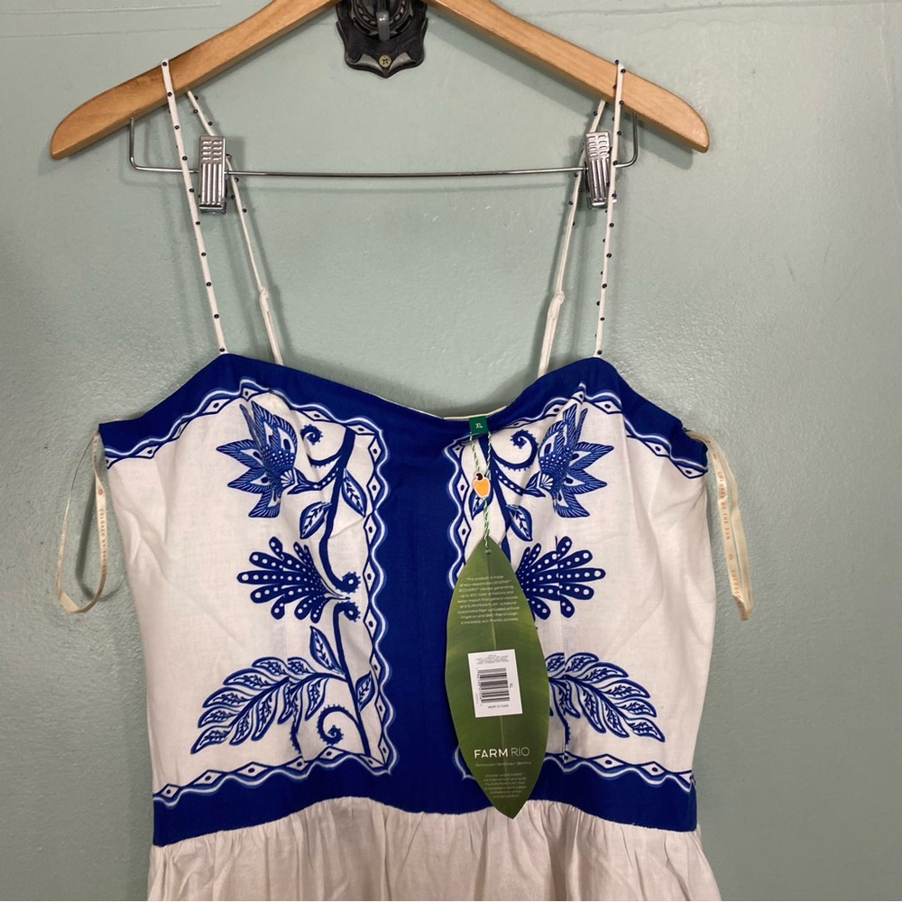 FARM Rio Shell Garden Off White Sleeveless Midi Dress White Blue Floral Linen XL - Picture 3 of 7